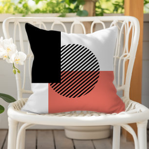 Modern Colour Block Striped Circle Coral Black Outdoor Pillow