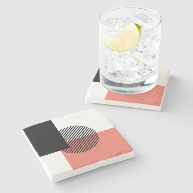 Modern Colour Block Striped Circle Coral Black Stone Coaster (Side)