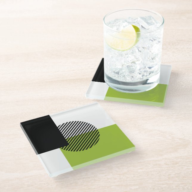 Modern Colour Block Striped Circle Lime Green Blac Glass Coaster (Angled)