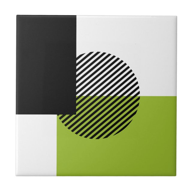 Modern Colour Block Striped Circle Lime Green Blac Tile (Front)