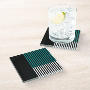 Modern Colour Block Striped Teal Black White Glass Coaster