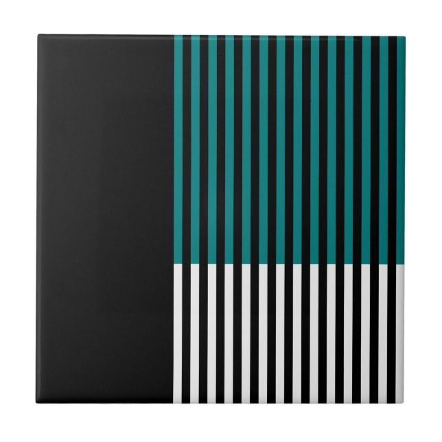 Modern Colour Block Striped Teal Black White Tile (Front)