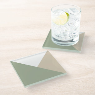 Modern Colour Block Triangles Sage Green Beige Glass Coaster
