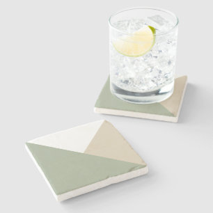 Modern Colour Block Triangles Sage Green Beige Stone Coaster