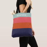 Modern Colour Block Wide Stripes Personalized Tote Bag<br><div class="desc">A modern geometric colour block striped design in a bold colour palette of teal,  red,  dark pink,  and navy blue,  personalized with your name.</div>