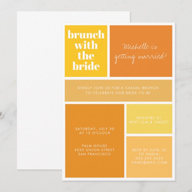 Modern Colour Block Yellow Orange Bridal Shower Invitation (Front/Back)