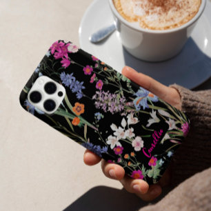 Modern Colour Botanical Floral Pattern Black Custo iPhone 16 Pro Case