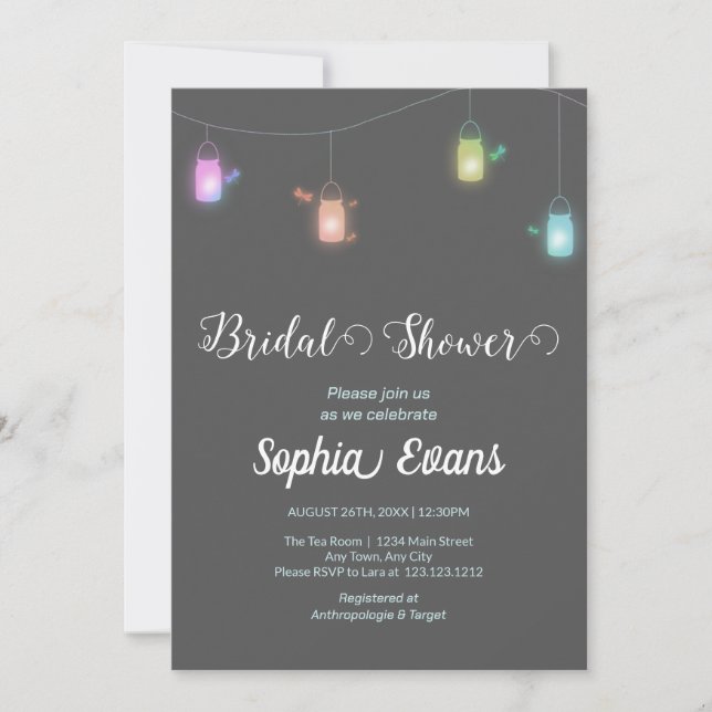 Modern Coloured Hanging Mason Jars Grey Shower Invitation (Front)