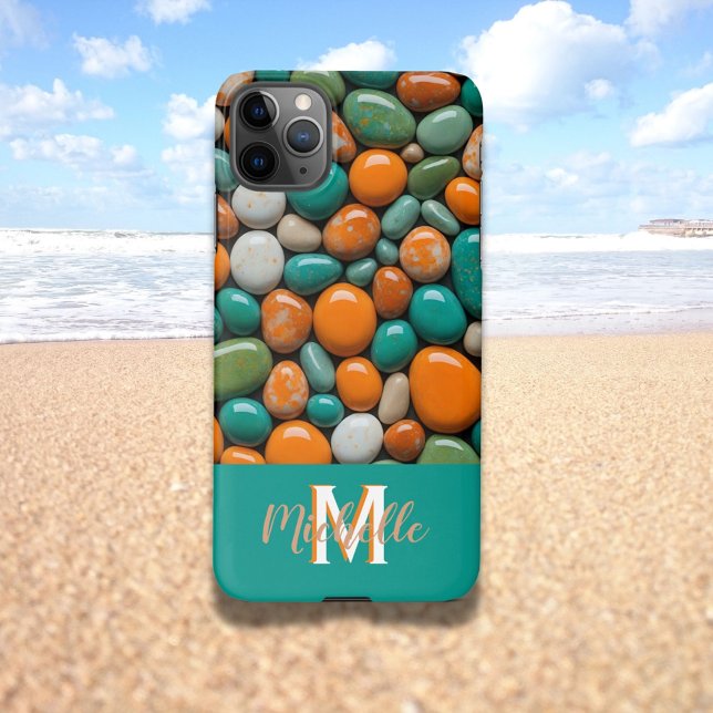 Modern Coloured Stone Pebbles Monogram M Teal iPhone Case (Creator Uploaded)
