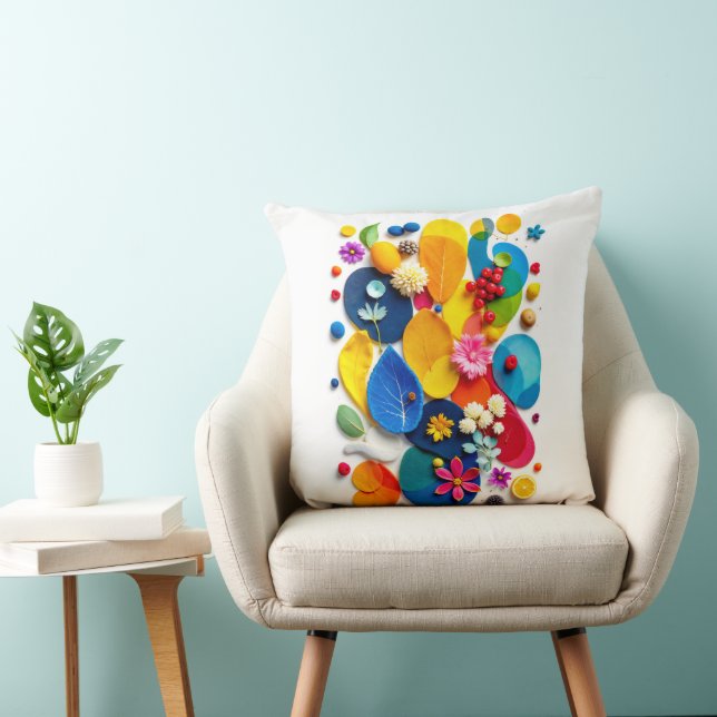 Modern Colourful Abstract Botanical Flat Lay Throw Pillow (Chair)