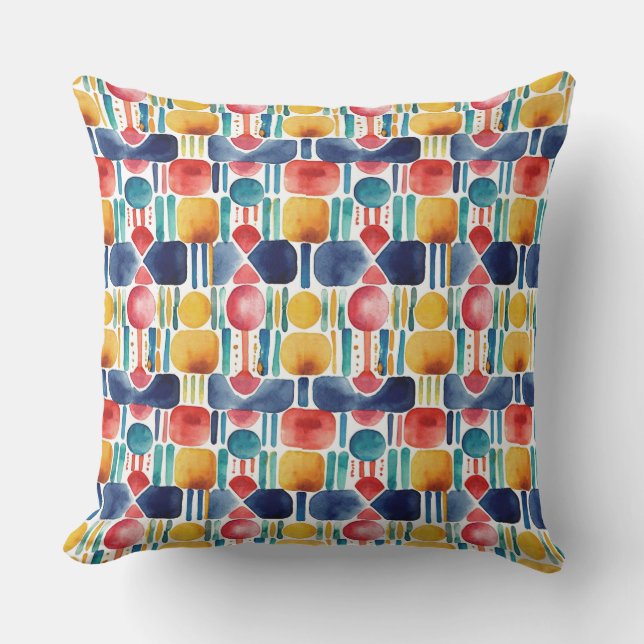 Modern Colourful Abstract Geometric Watercolor  Outdoor Pillow (Front)