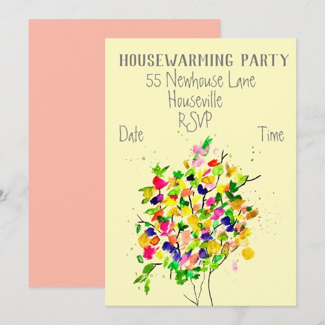 Modern colourful art tree housewarming party invitation (Front/Back)