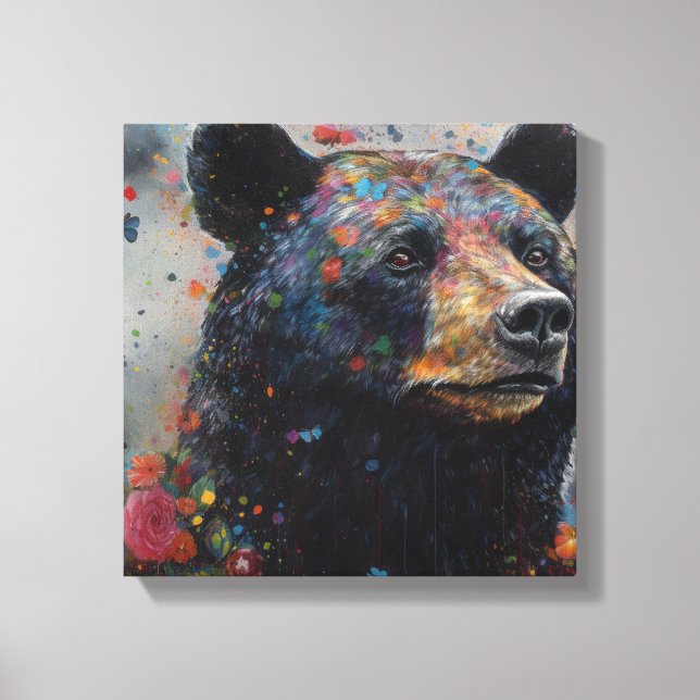 Modern Colourful Black Bear Art Canvas Print (Front)