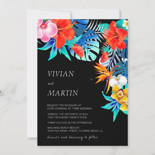 Modern Colourful Black Tropical Floral Wedding  Invitation (Front)