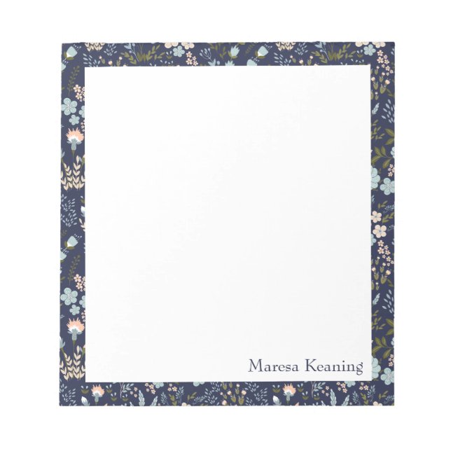 Modern Colourful Blue Floral Pattern Personalized Notepad (Front)
