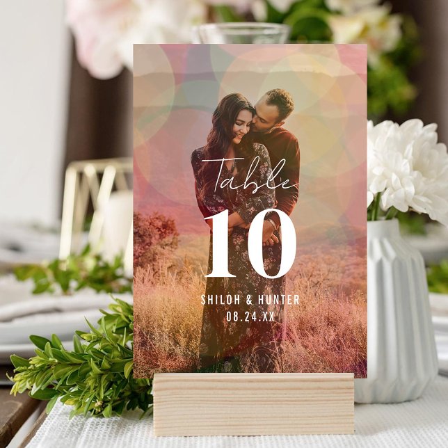 Modern Colourful Bokeh Overlay Photo Wedding Table Number (Creator Uploaded)