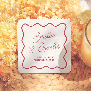 Modern Colourful Bold Wavy Frame Retro Wedding Square Paper Coaster