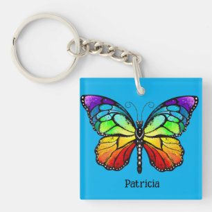 Modern Colourful Butterfly on Blue Background  Keychain