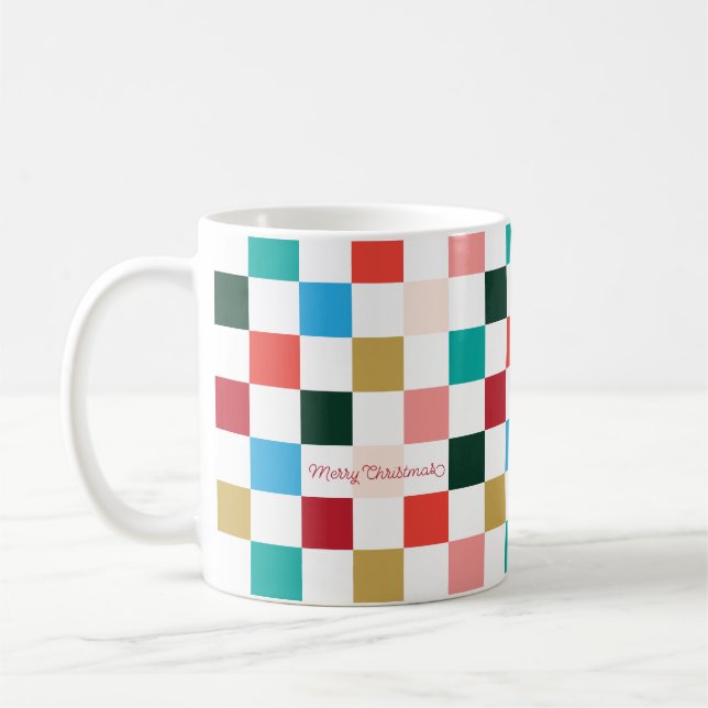 Modern Colourful Chequerboard Christmas Mug (Left)