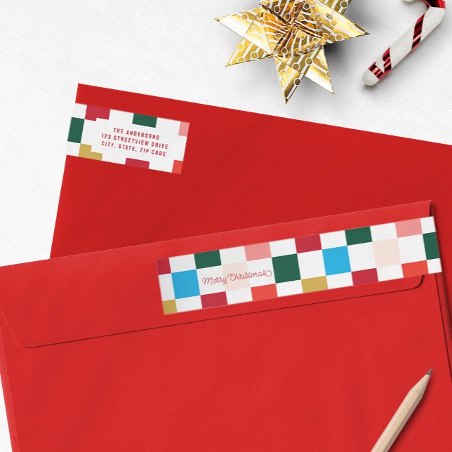 Modern Colourful Chequerboard Christmas Wrap Around Label (Modern Colorful Checkerboard Merry Christmas Wrap Around Return Address Label)
