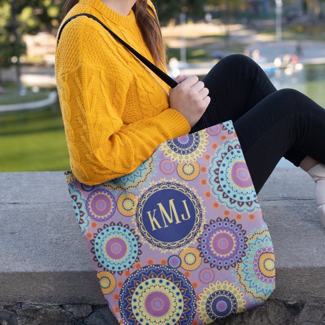 Modern Colourful Chic Monogrammed Mandala Pattern Tote Bag (Creator Uploaded)