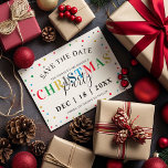 Modern Colourful Christmas Save the Date Postcard<br><div class="desc">Modern save the date christmas party postcards featuring colourful polka dots,  rainbow text combined with elegant calligraphy font and a template that is easy to customize.</div>