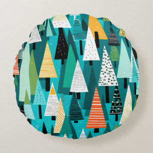 Modern colourful Christmas tree pattern  Round Pillow