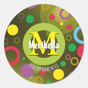 Modern Colourful Circles Monogram Customized GREEN Classic Round Sticker