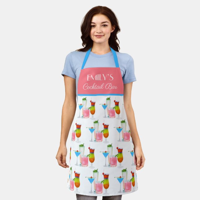 Modern Colourful Cocktails Pattern Name Bar Apron (Worn)