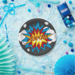 Modern Colourful Comic Book KAPOW Pop Art Paper Plate<br><div class="desc">A bright comic book pop art style design featuring your custom text. A cute and fun comic book themed illustration with bright colours and superhero action typography. An ideal design for anyone who loves super hero designs, comics, cartoon style illustrations, colourful action filled designs and pop art! Personalize this funny...</div>