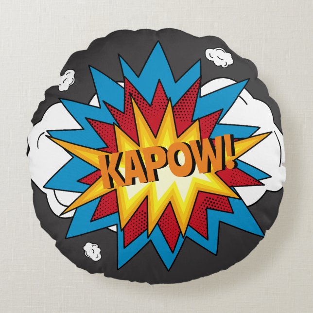 Modern Colourful Comic Book KAPOW Pop Art Round Pillow (Front)