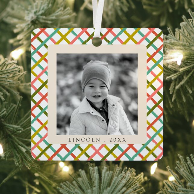 Modern Colourful Crisscross Photo Christmas Holida Metal Ornament (Insitu)