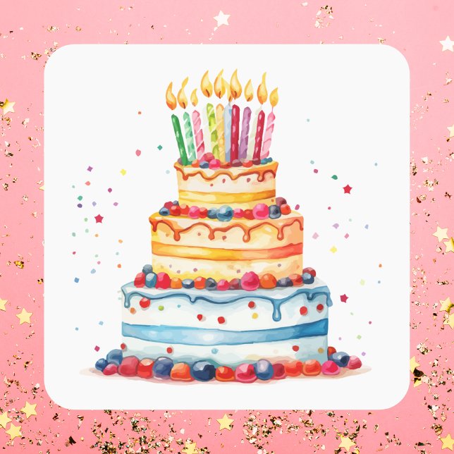 Modern Colourful Cute Birthday Cake Square Sticker (Creator Uploaded)