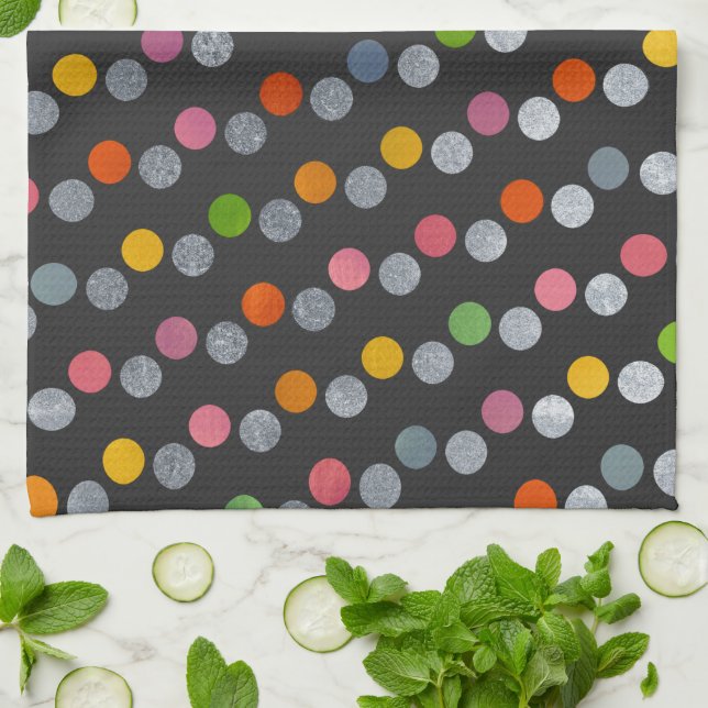  Modern Colourful & Cute Charcoal Silver Polka Dot Kitchen Towel (Folded)