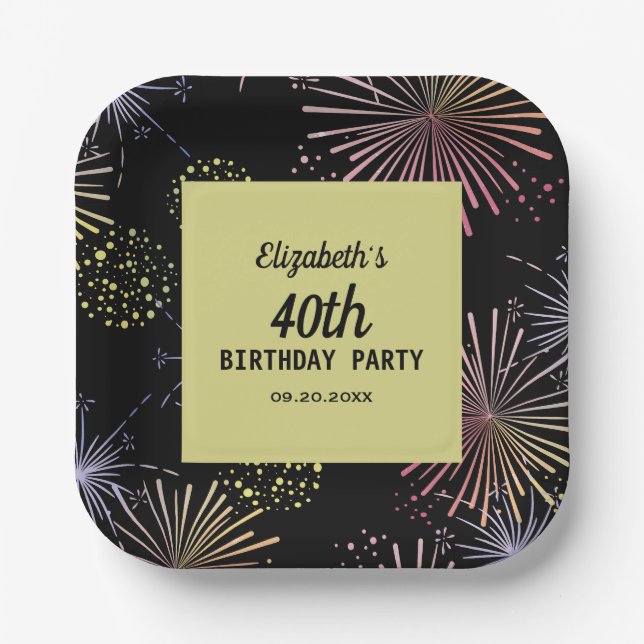Modern Colourful Fireworks Golden Black Birthday Paper Plate (Front)
