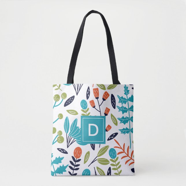 Modern Colourful Floral + Foliage Pattern Monogram Tote Bag (Front)