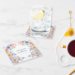 Modern Colourful Floral LGBTQ Wedding Square Paper Coaster