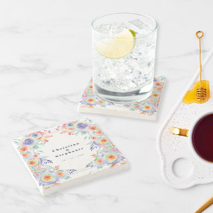 Modern Colourful Floral LGBTQ Wedding Stone Coaster