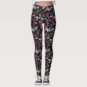Modern Colourful Floral Pattern Black Background Leggings