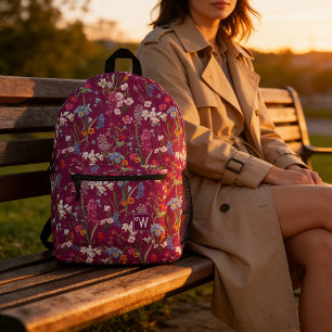 Modern Colourful Floral Pattern Purple Monogram Printed Backpack