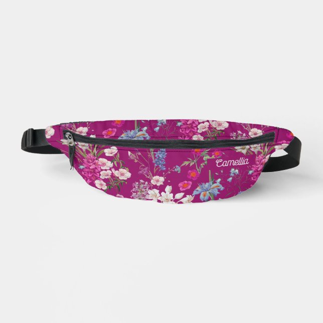 Modern Colourful Floral Pattern Purple Name Custom Fanny Pack (Front)