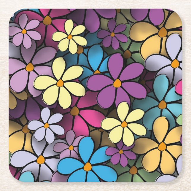 Modern Colourful Floral Pattern Square Paper Coaster (Front)