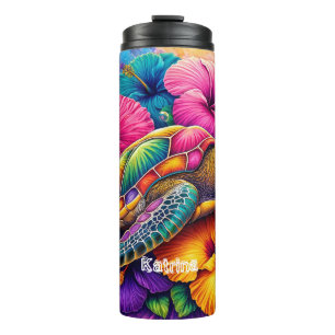 Modern Colourful Floral Turtle Personalized Name  Thermal Tumbler