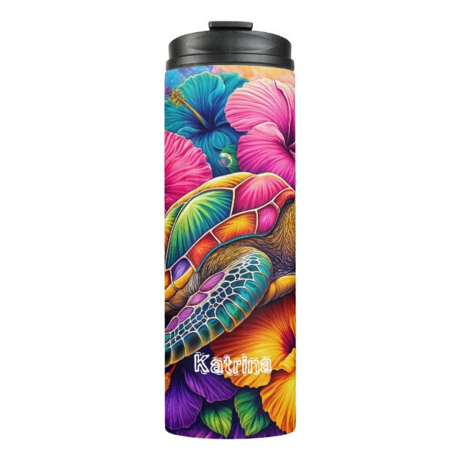Modern Colourful Floral Turtle Personalized Name  Thermal Tumbler (Front)