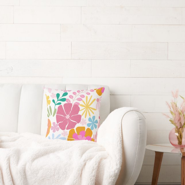 Modern colourful floral White Throw Pillow (Couch)