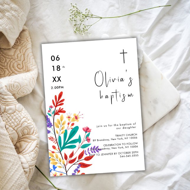 Modern Colourful Flower Cross Baptism  Invitation (Modern Colorful Flower Cross Baptism Invitation)