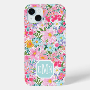 Modern Colourful Flower Garden Monogrammed iPhone 15 Mini Case