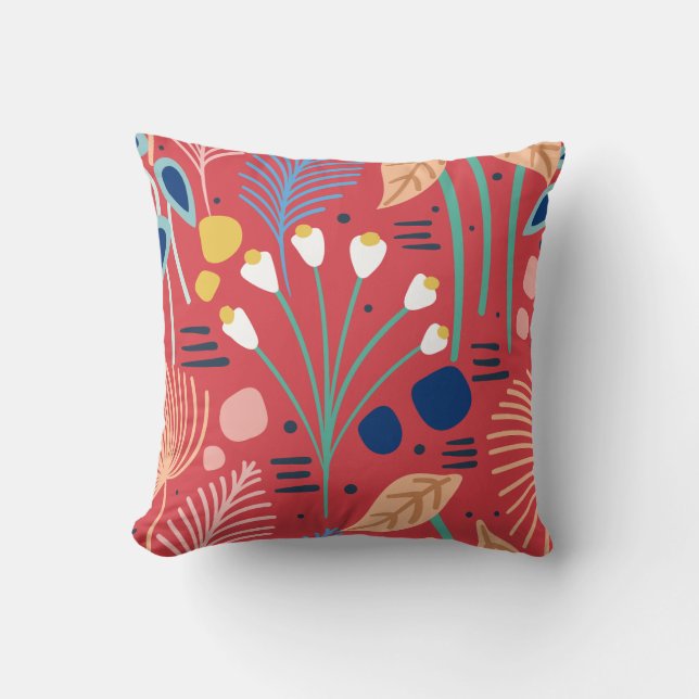 Modern Colourful Foliage Floral Pattern Red Throw Pillow (Front)