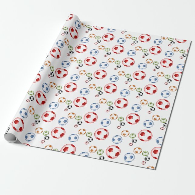 Modern Colourful Foot Balls Wrapping Paper (Unrolled)