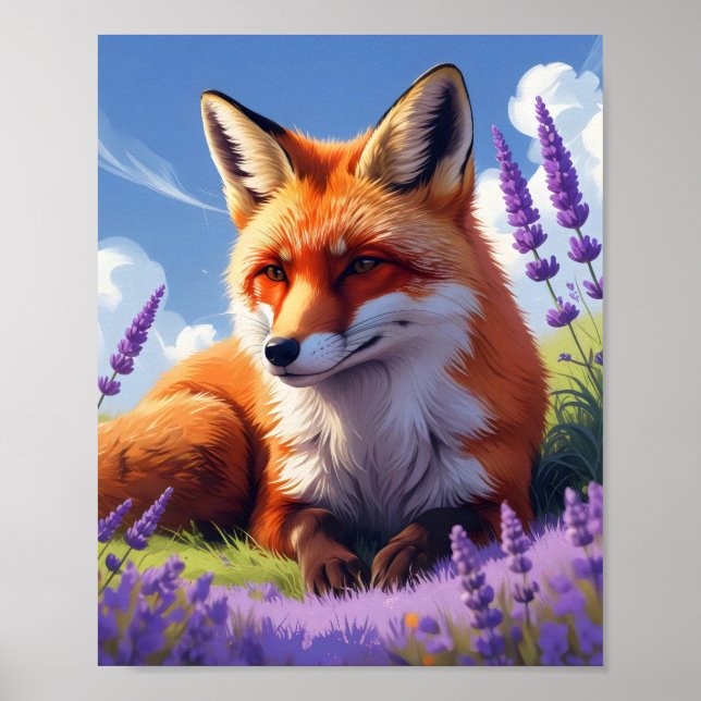 Modern Colourful Fox In A Vibrant Lavender Field Poster (Front)